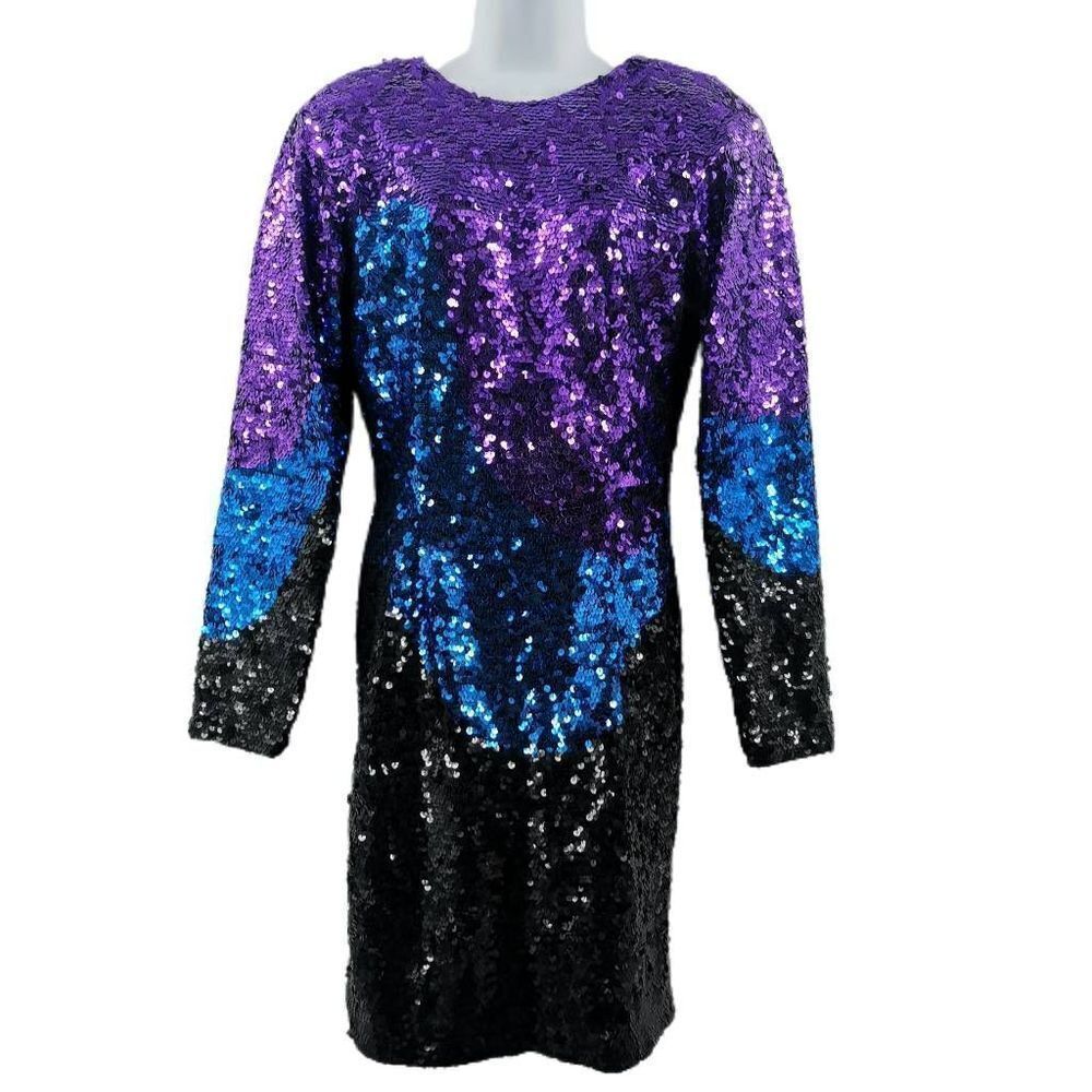 Vintage Long-Sleeved Black Dress | Multicolored Sequin Embellishments | Oleg Cas
